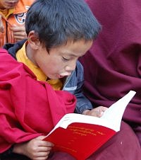 Un joven novice est leendo su nuevo libro tibetano, donacin por Adopte un Libro de Dharma, foto de Ed Palmer.
		